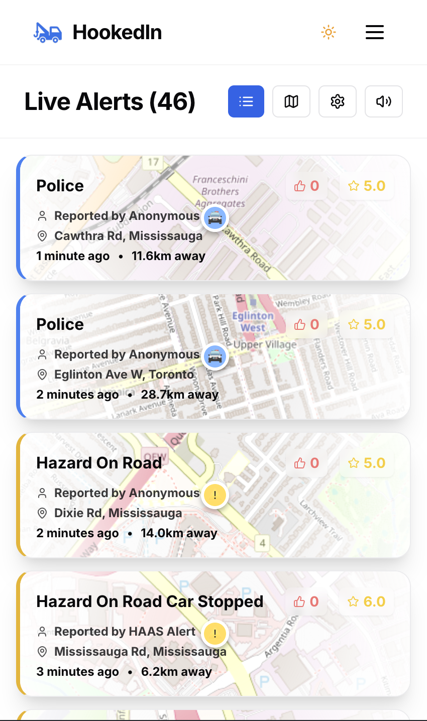 HookedIn Mobile Live Alerts List View